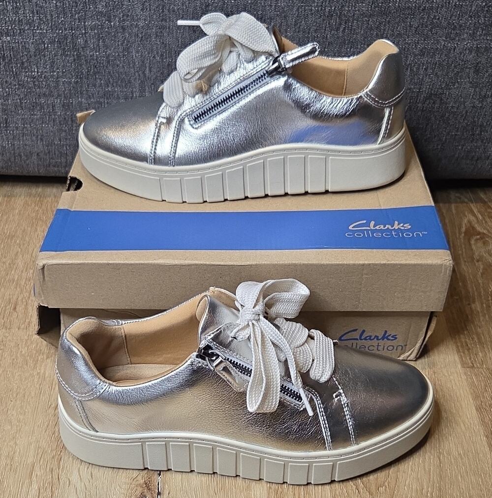 Clarks Mykah Joy Silver/White Leather Comfort Sneaker Women's 11 W EU 42.5
